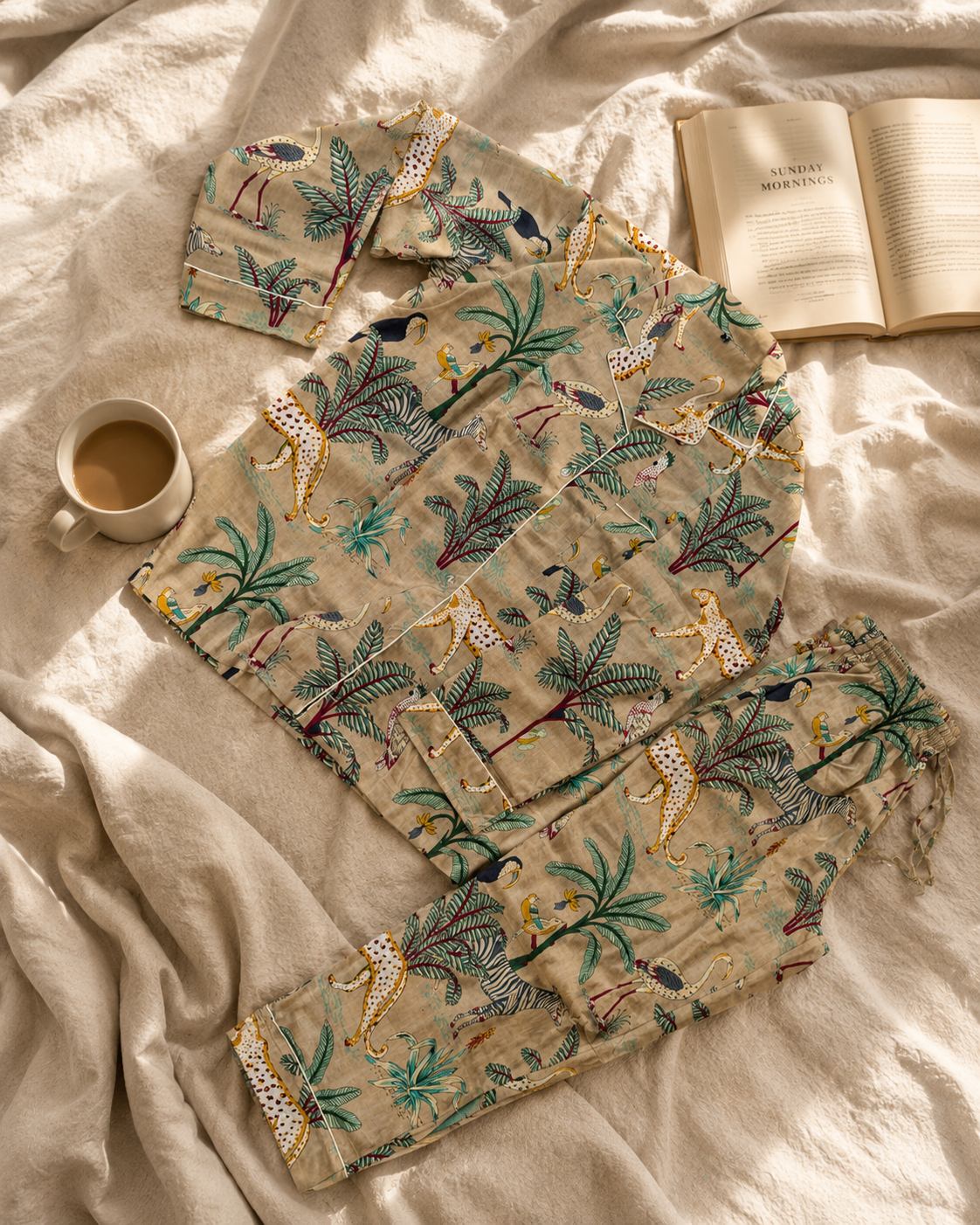 Cosy pyjamas laid out with a cup of tea and an open book
