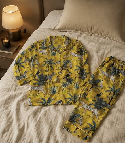 Yellow animal-print Indian cotton pyjama set laid out on a bed